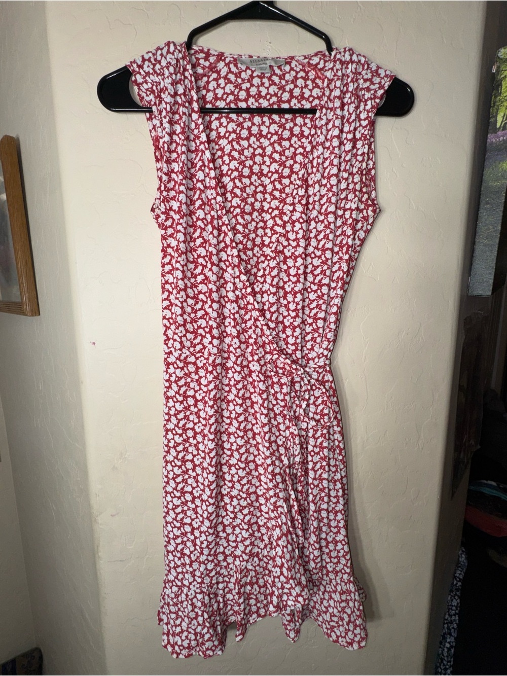 AllSaints Red White Floral Wrap Mini Dress Ruffle Hem Cap Sleeve XS